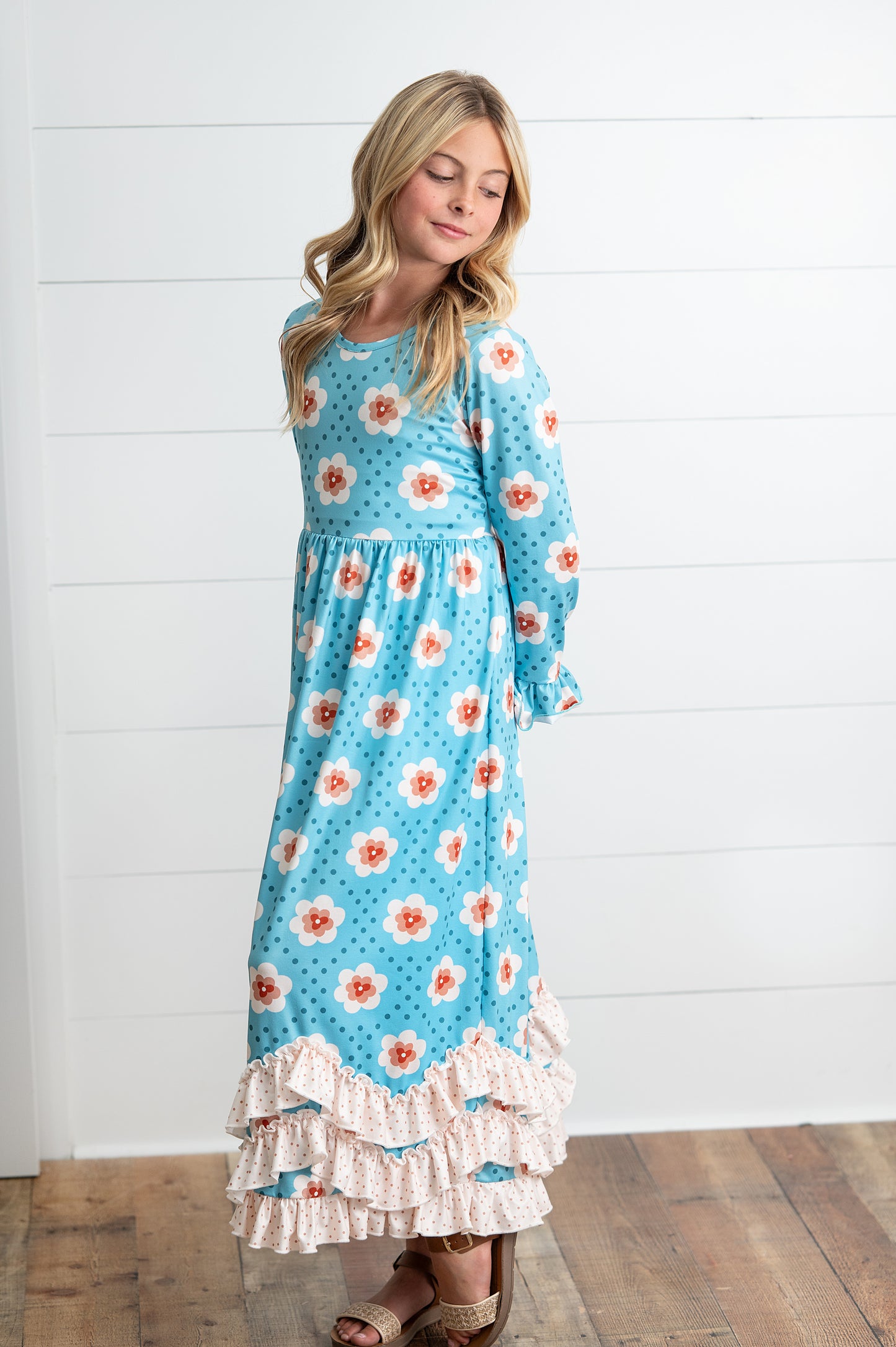 3 Ruffle Teal Floral Dress
