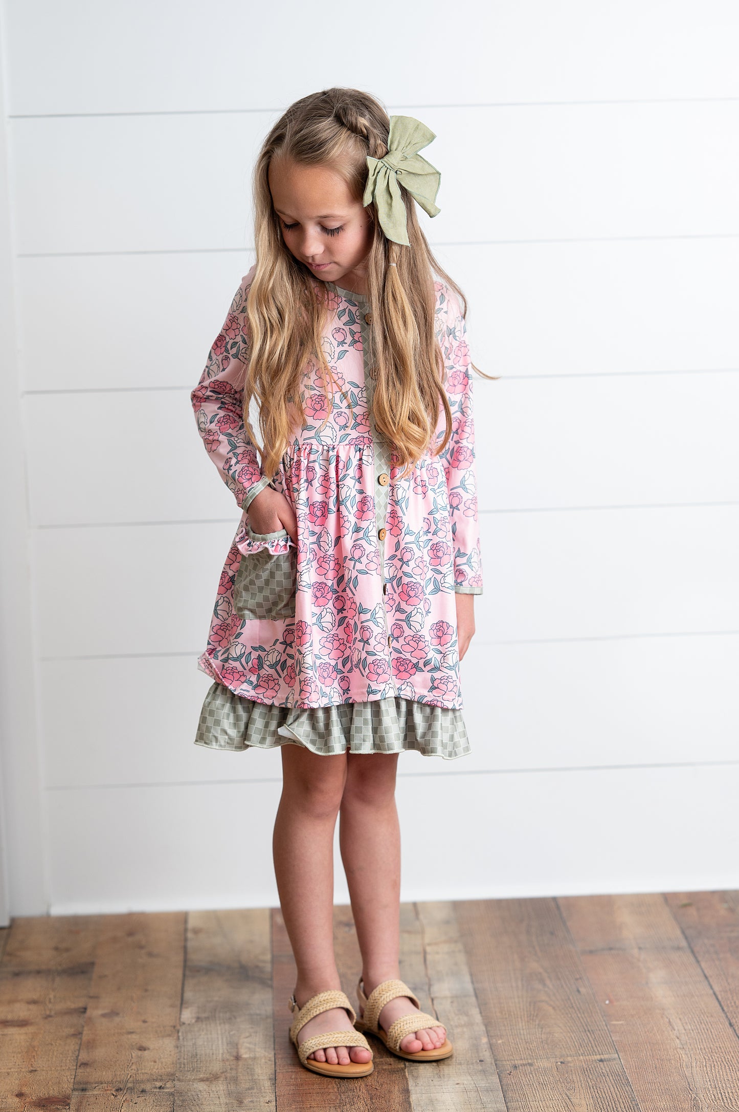 Rose Sage Check Pocket Tie Dress
