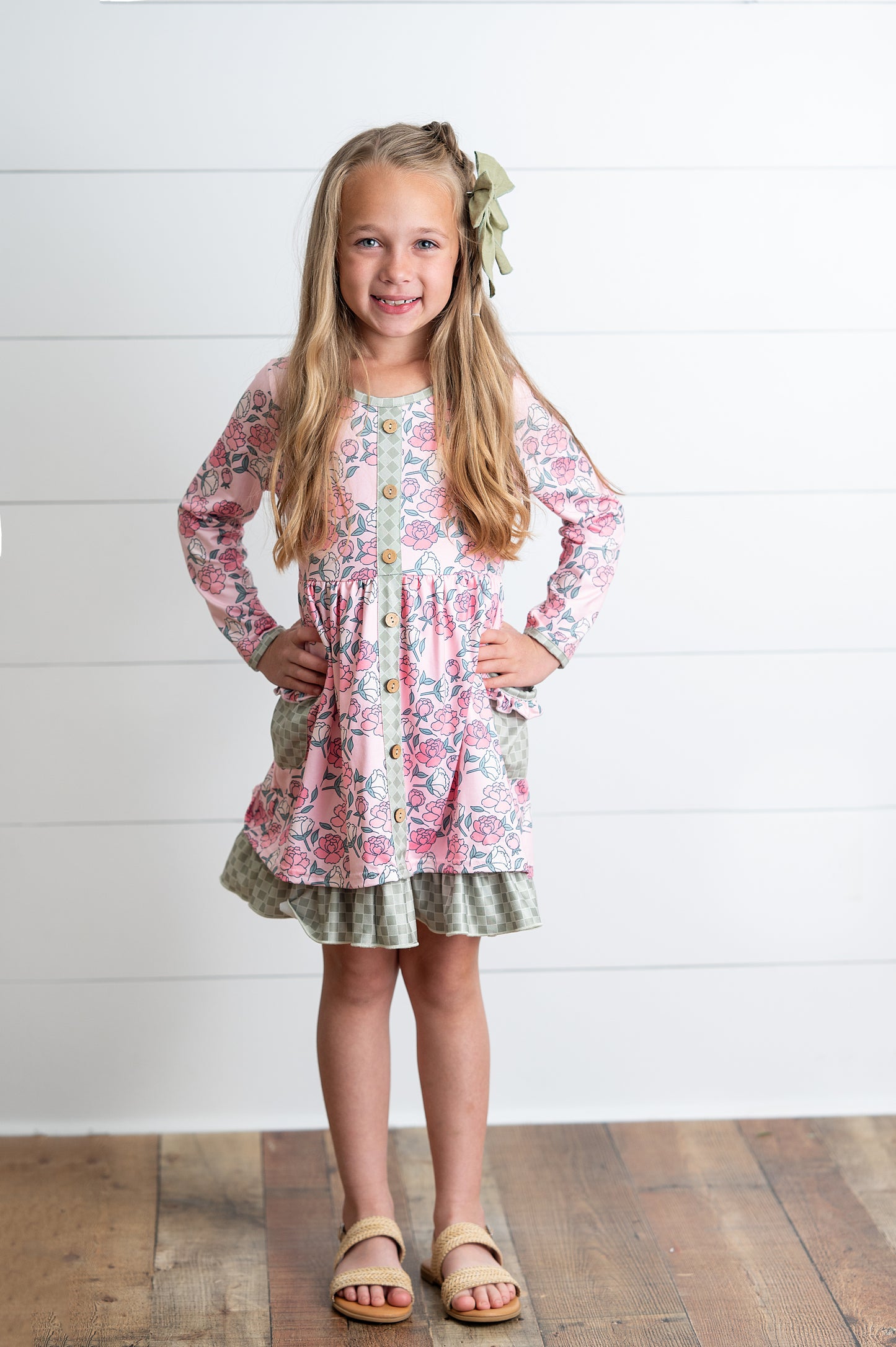 Rose Sage Check Pocket Tie Dress