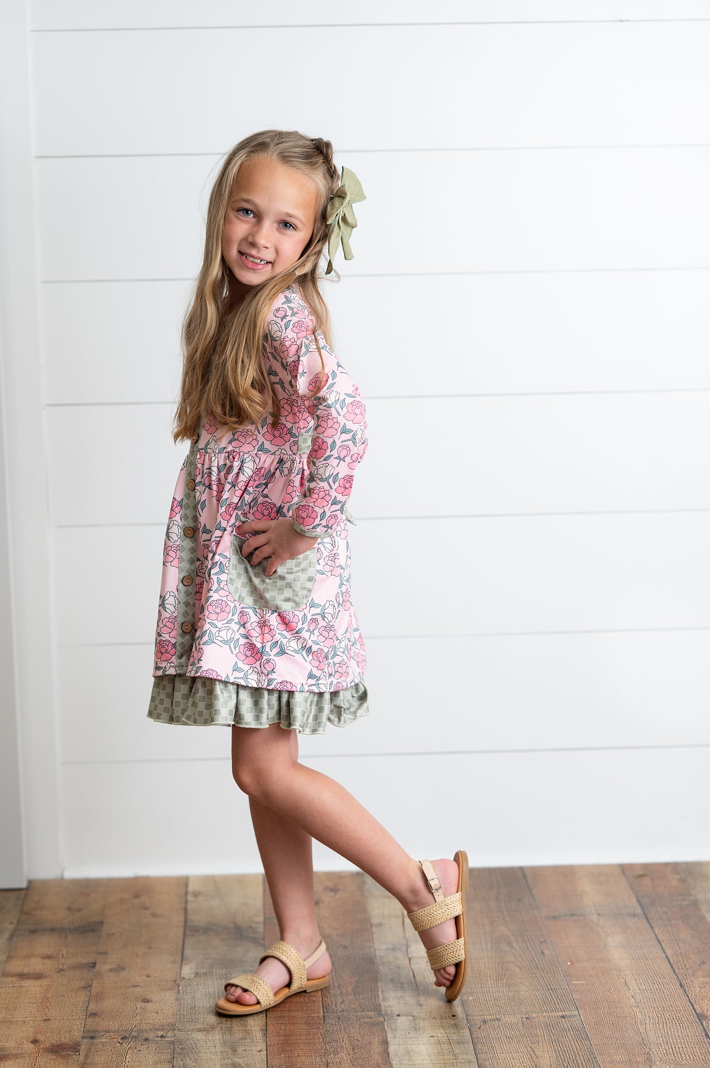 Rose Sage Check Pocket Tie Dress
