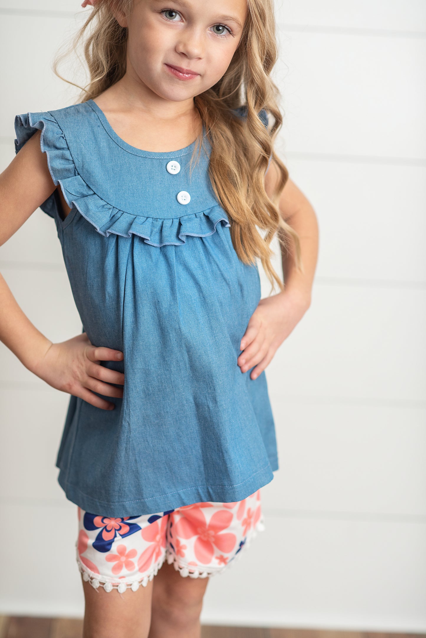Coral Floral Jean Short Set