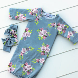 Gray Blue Floral Baby Gown and Bow Headband