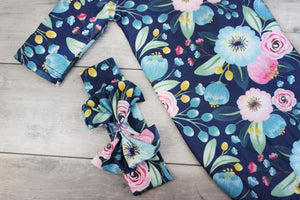 Navy Floral Baby Gown and Bow Headband