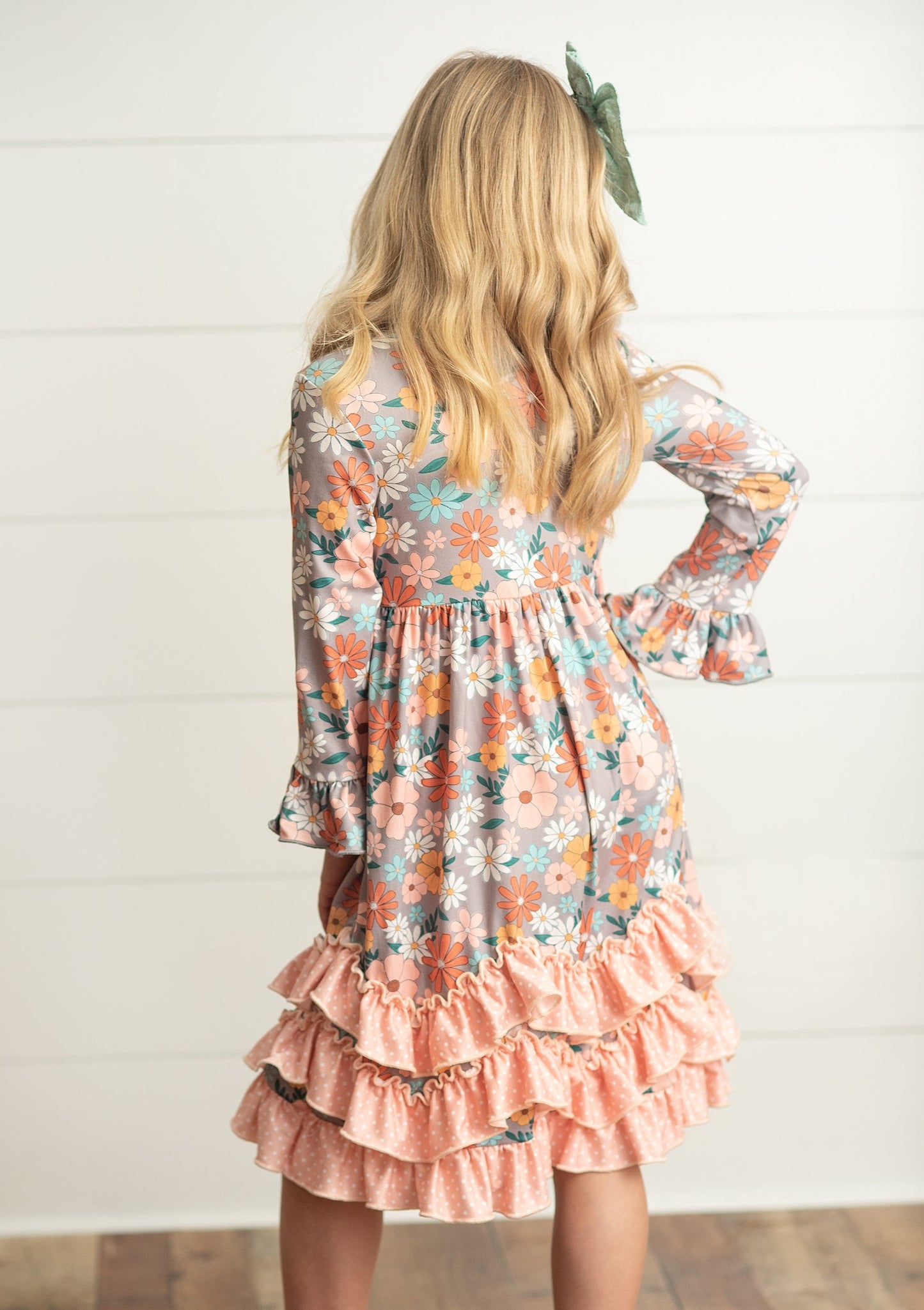 Peach Floral 3 Ruffle Dress