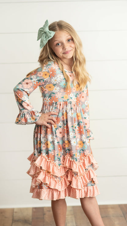 Peach Floral 3 Ruffle Dress