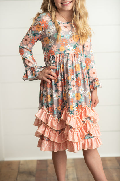 Peach Floral 3 Ruffle Dress