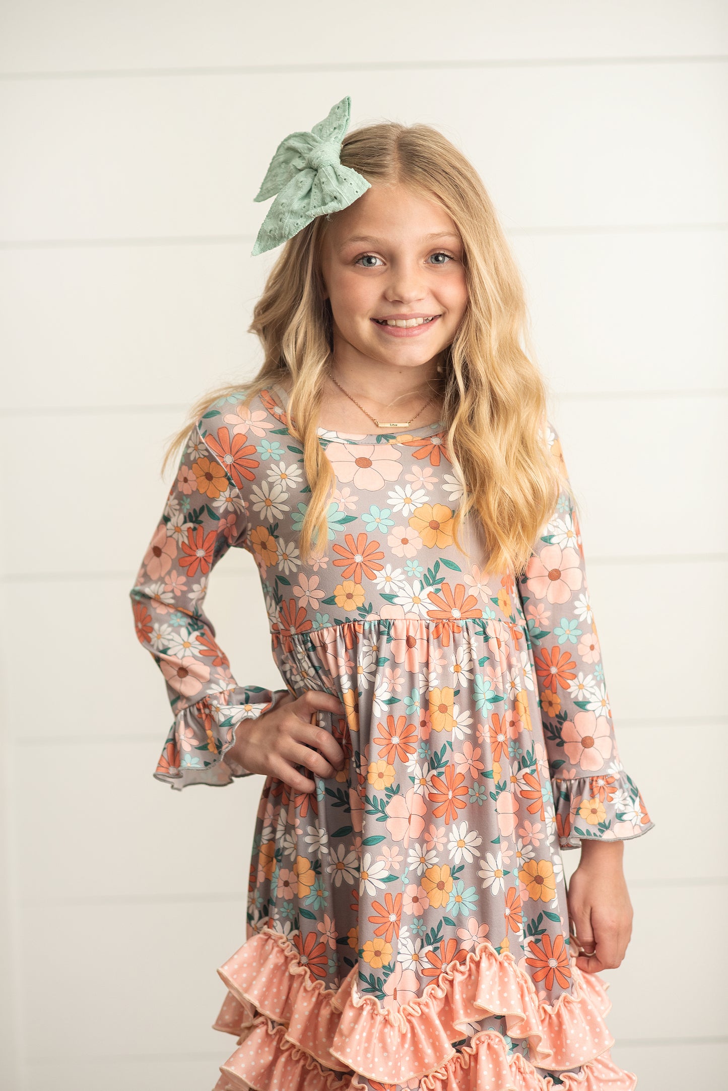 Peach Floral 3 Ruffle Dress