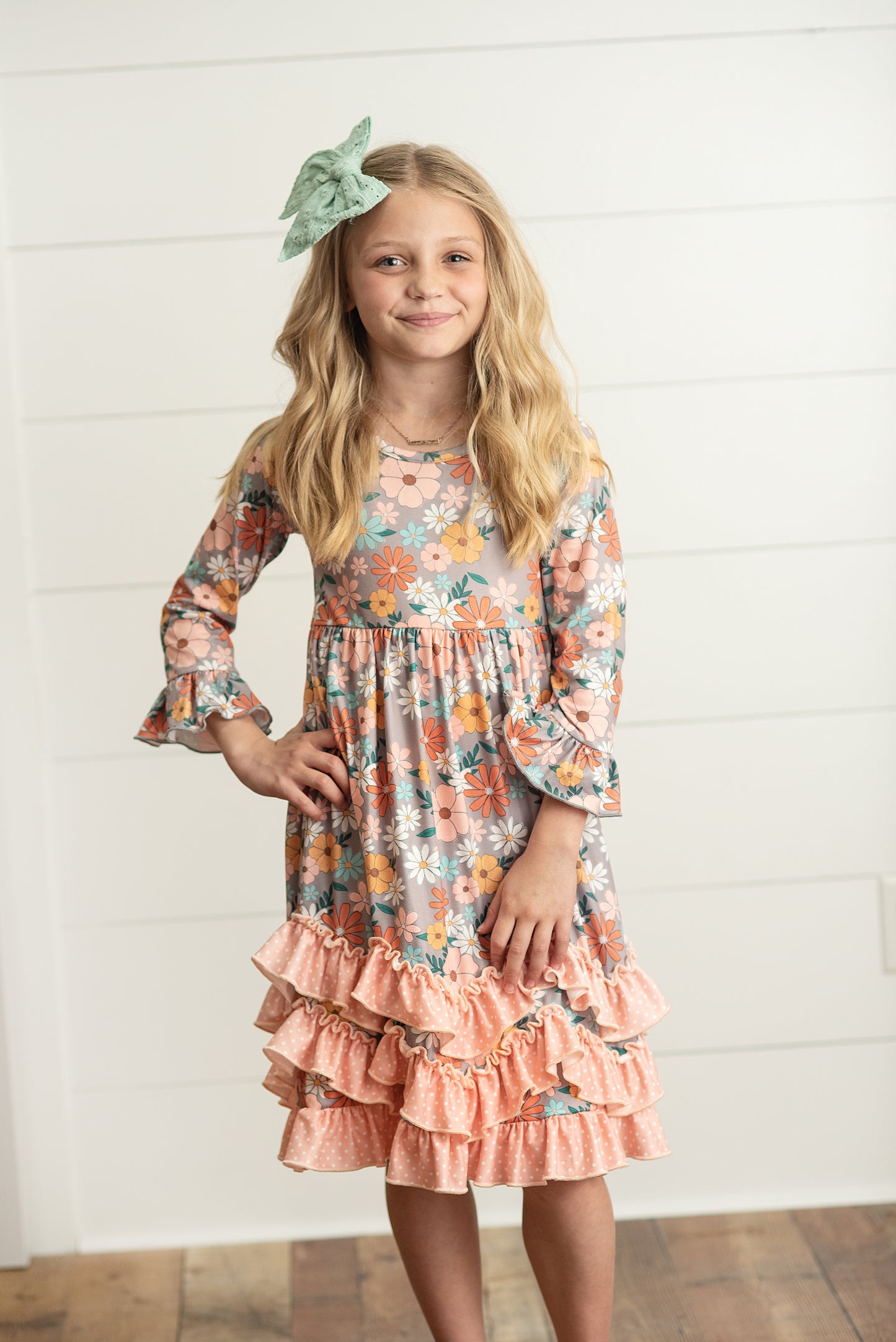 Peach Floral 3 Ruffle Dress