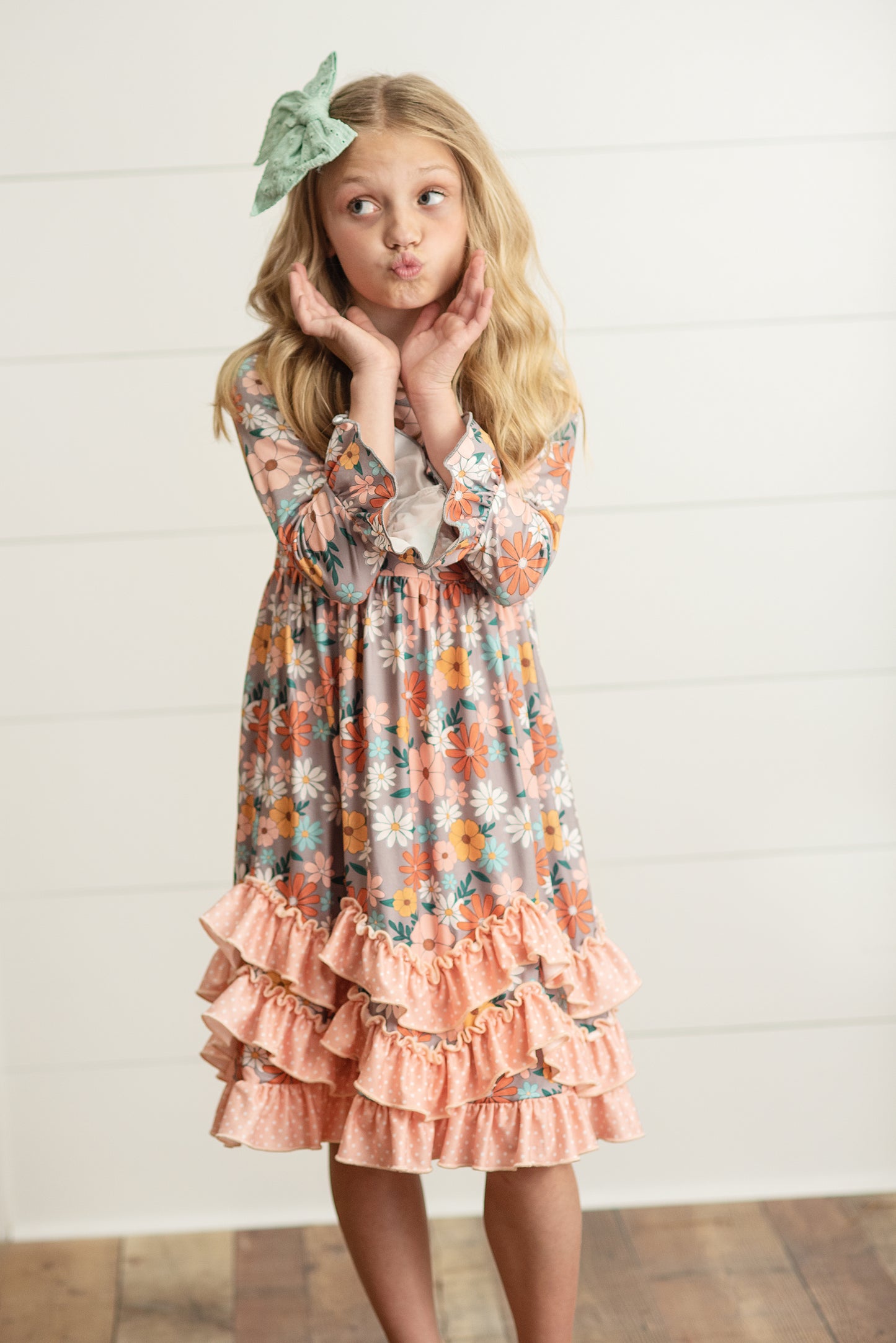 Peach Floral 3 Ruffle Dress