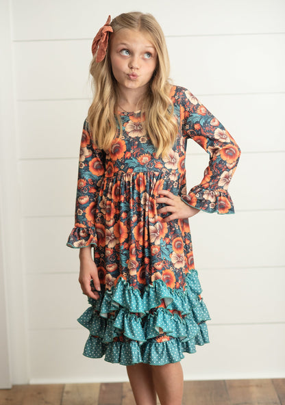 Teal Floral 3 Ruffle Dress