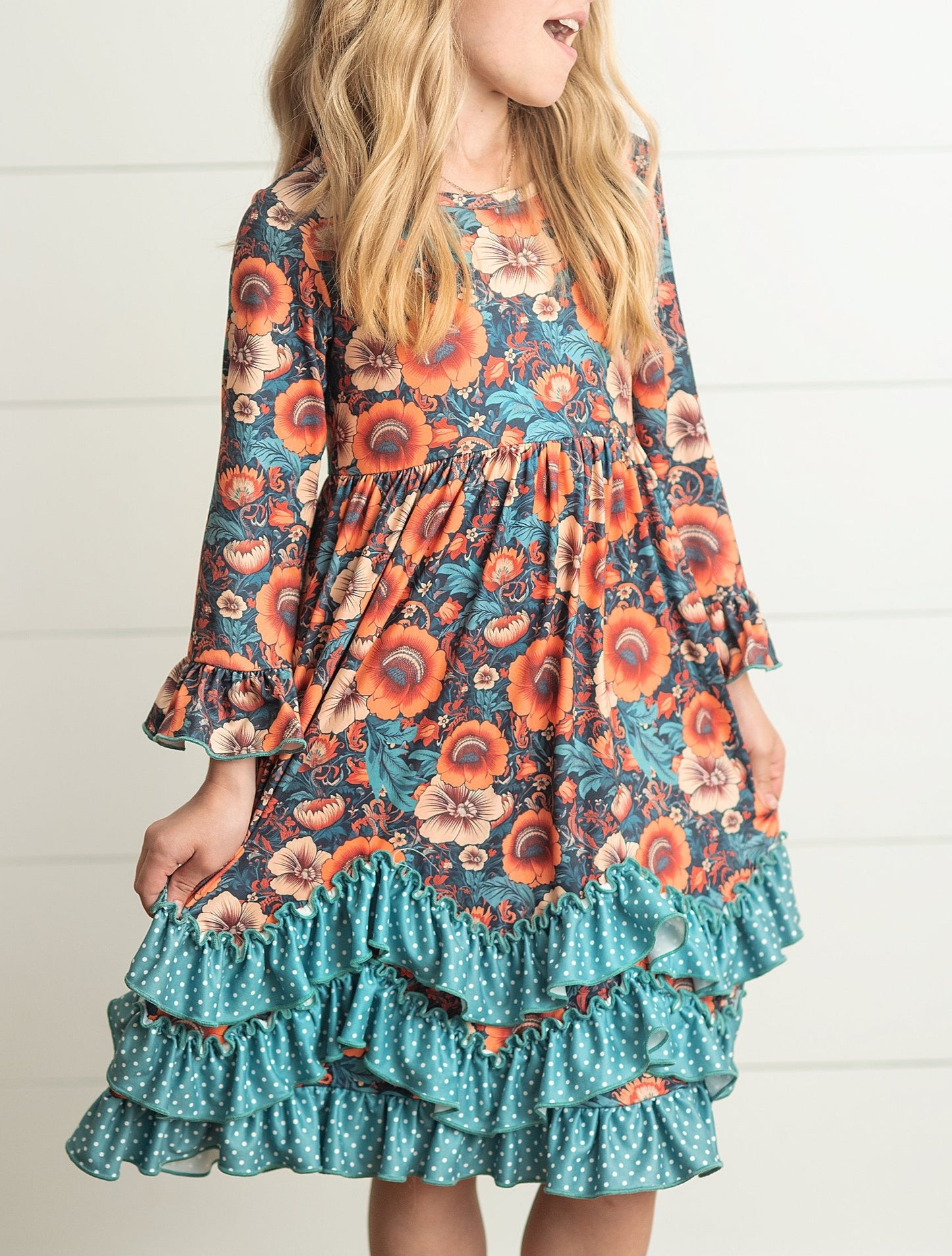 Teal Floral 3 Ruffle Dress