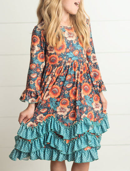 Teal Floral 3 Ruffle Dress