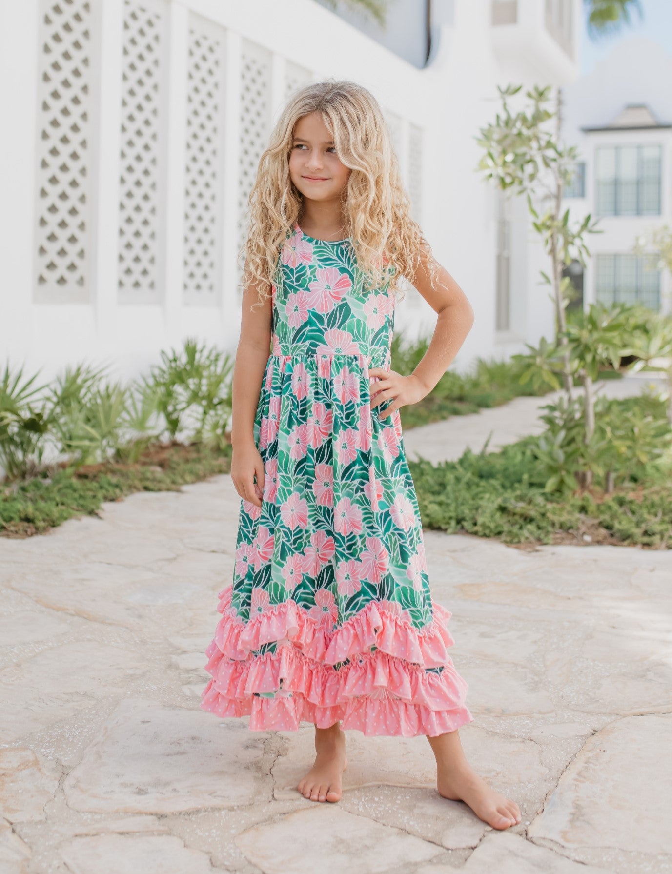 3 Tiered Green Tropical Ruffles Dress