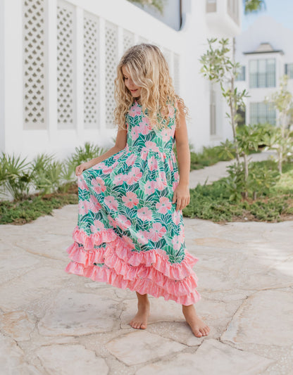 3 Tiered Green Tropical Ruffles Dress