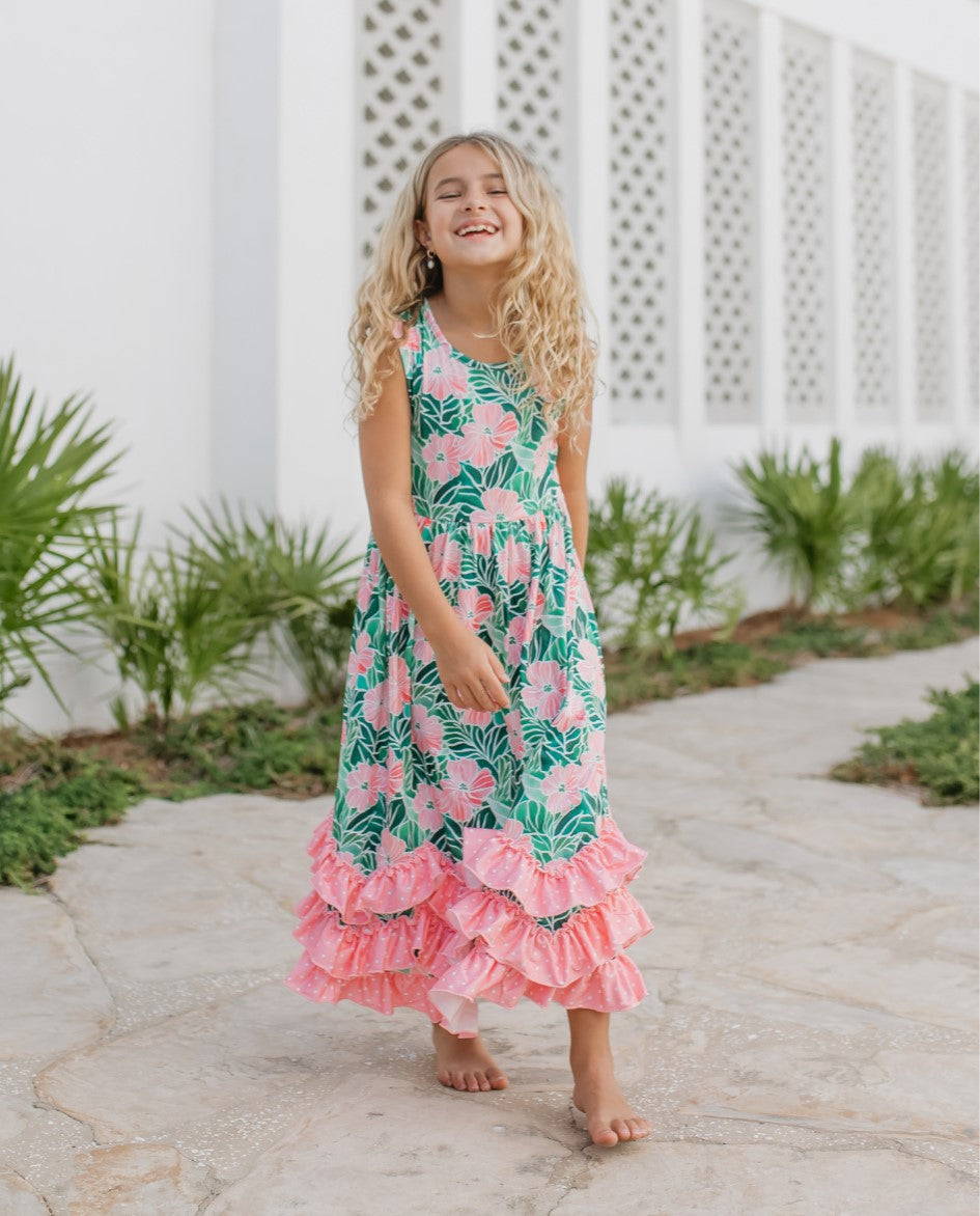 3 Tiered Green Tropical Ruffles Dress