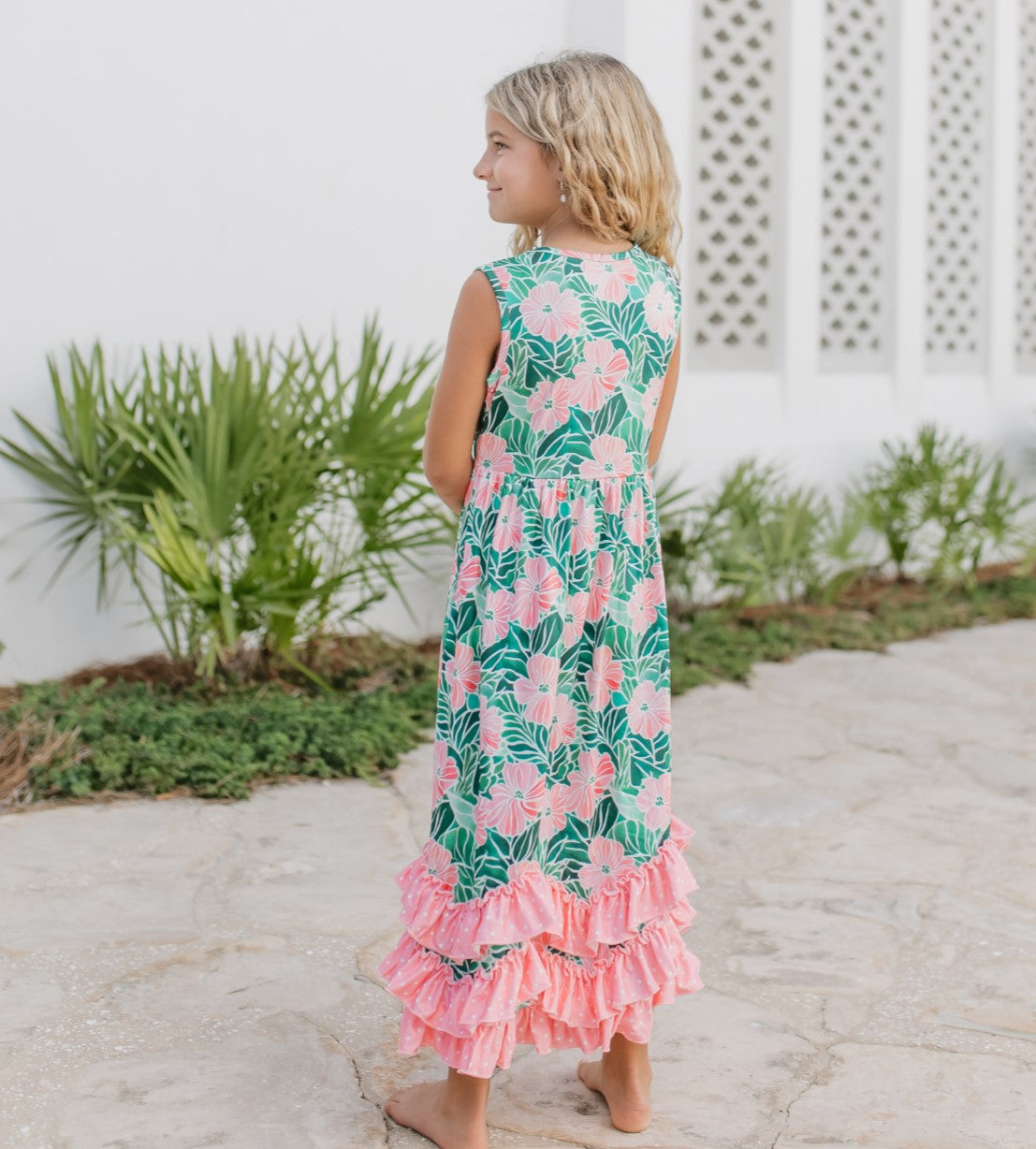 3 Tiered Green Tropical Ruffles Dress