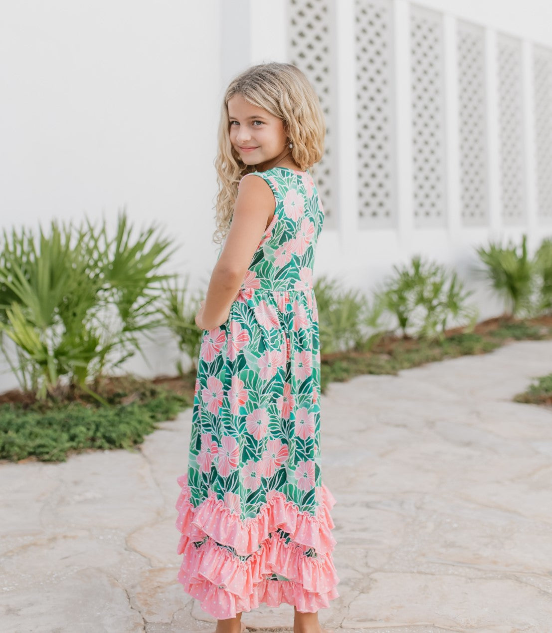 3 Tiered Green Tropical Ruffles Dress