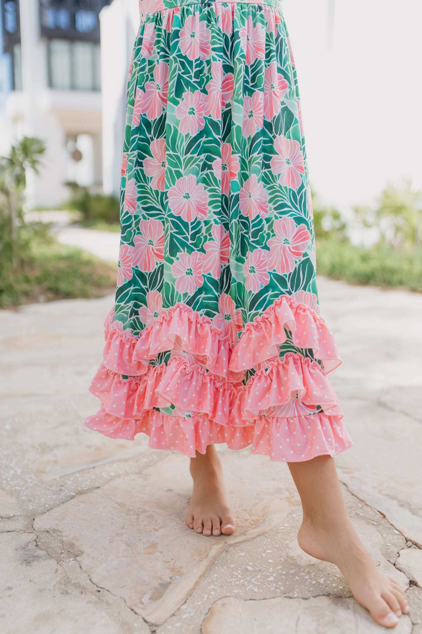 3 Tiered Green Tropical Ruffles Dress