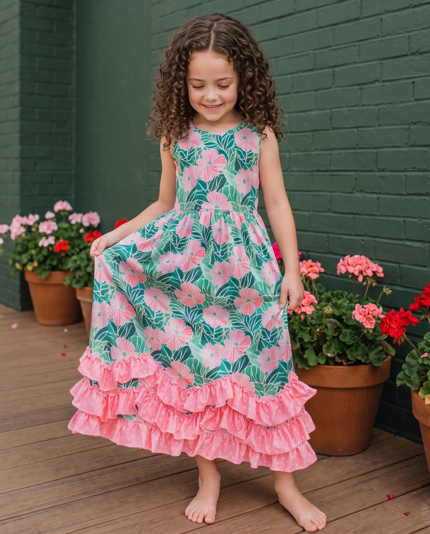 3 Tiered Green Tropical Ruffles Dress