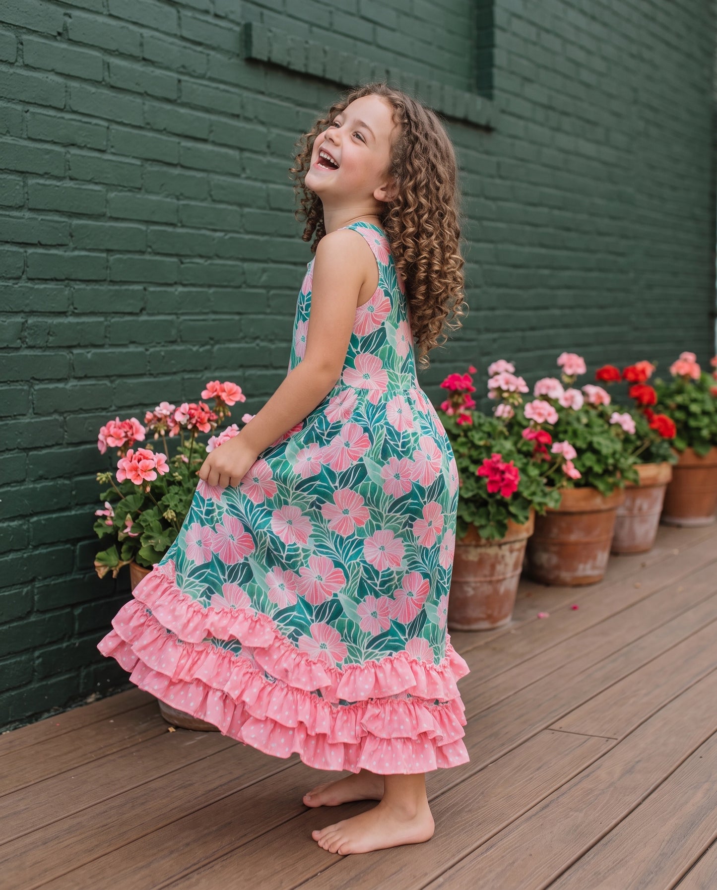 3 Tiered Green Tropical Ruffles Dress