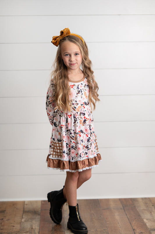 Brown Check Pocket Floral Dress