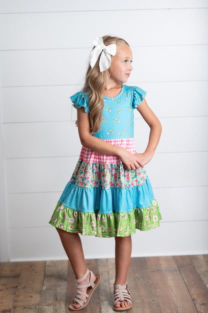 Ava Twirl Teal Floral Tiered Dress