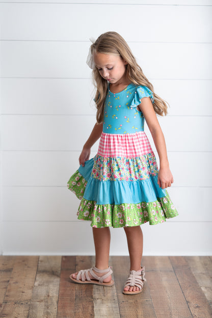Ava Twirl Teal Floral Tiered Dress