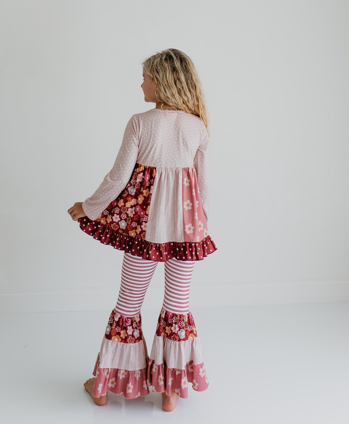 Beige Floral Bell Bottom Pant Set