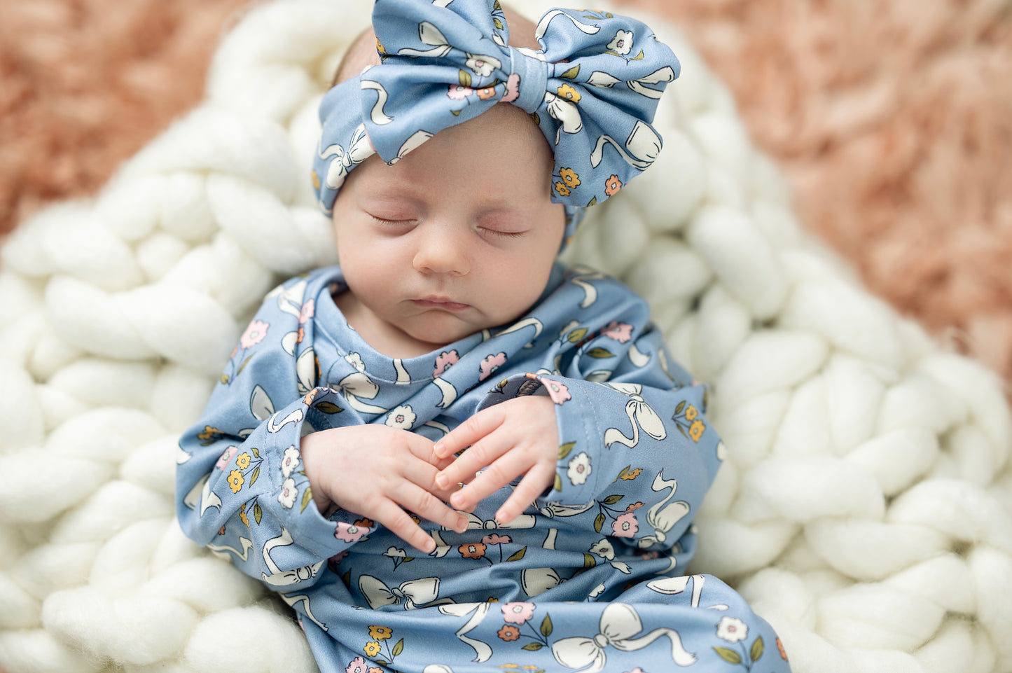 Blue Bow Pink Floral Baby Gown