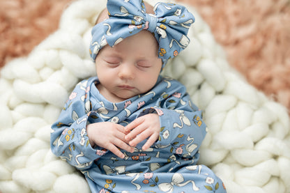 Blue Bow Pink Floral Baby Gown