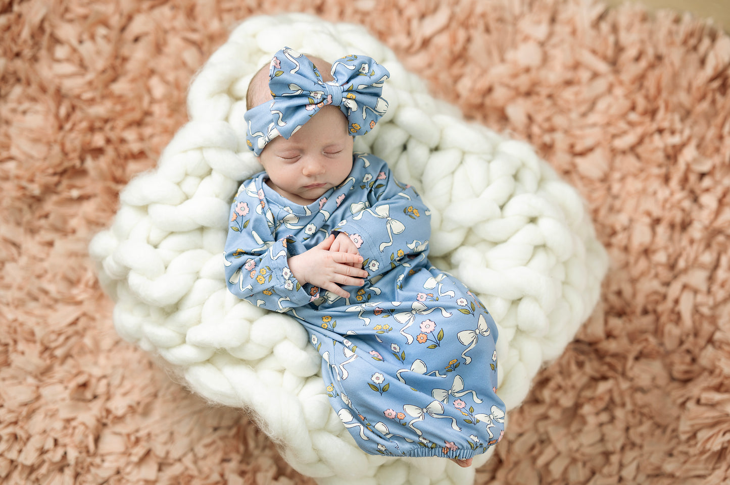 Blue Bow Pink Floral Baby Gown