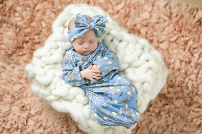 Blue Bow Pink Floral Baby Gown