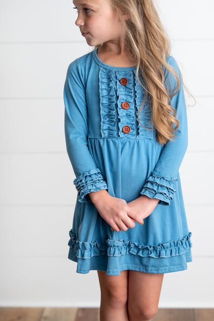 Solid Blue Ruffle Long Sleeve Dress