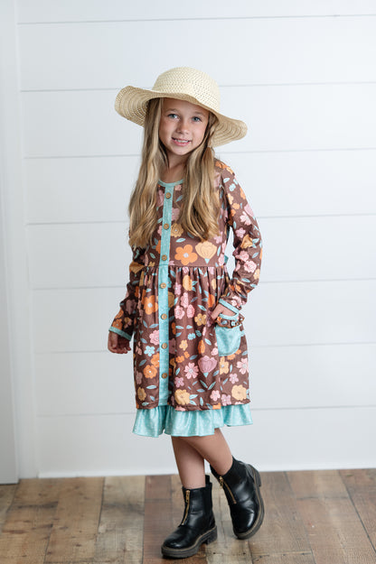 Brown Floral Pocket Tie Dress