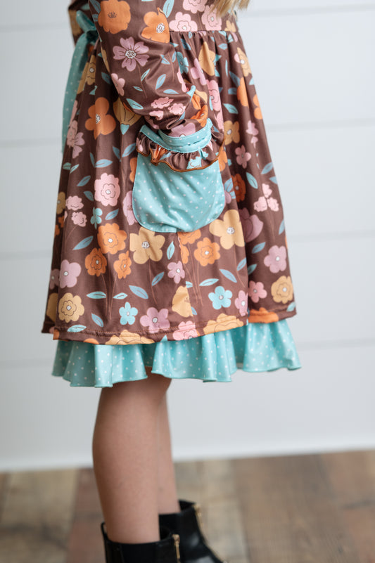 Brown Floral Pocket Tie Dress