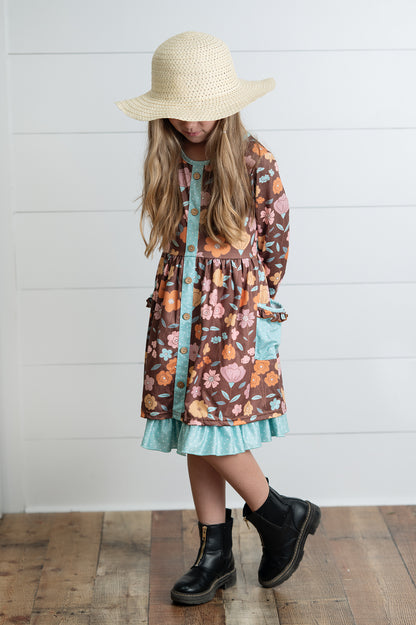 Brown Floral Pocket Tie Dress