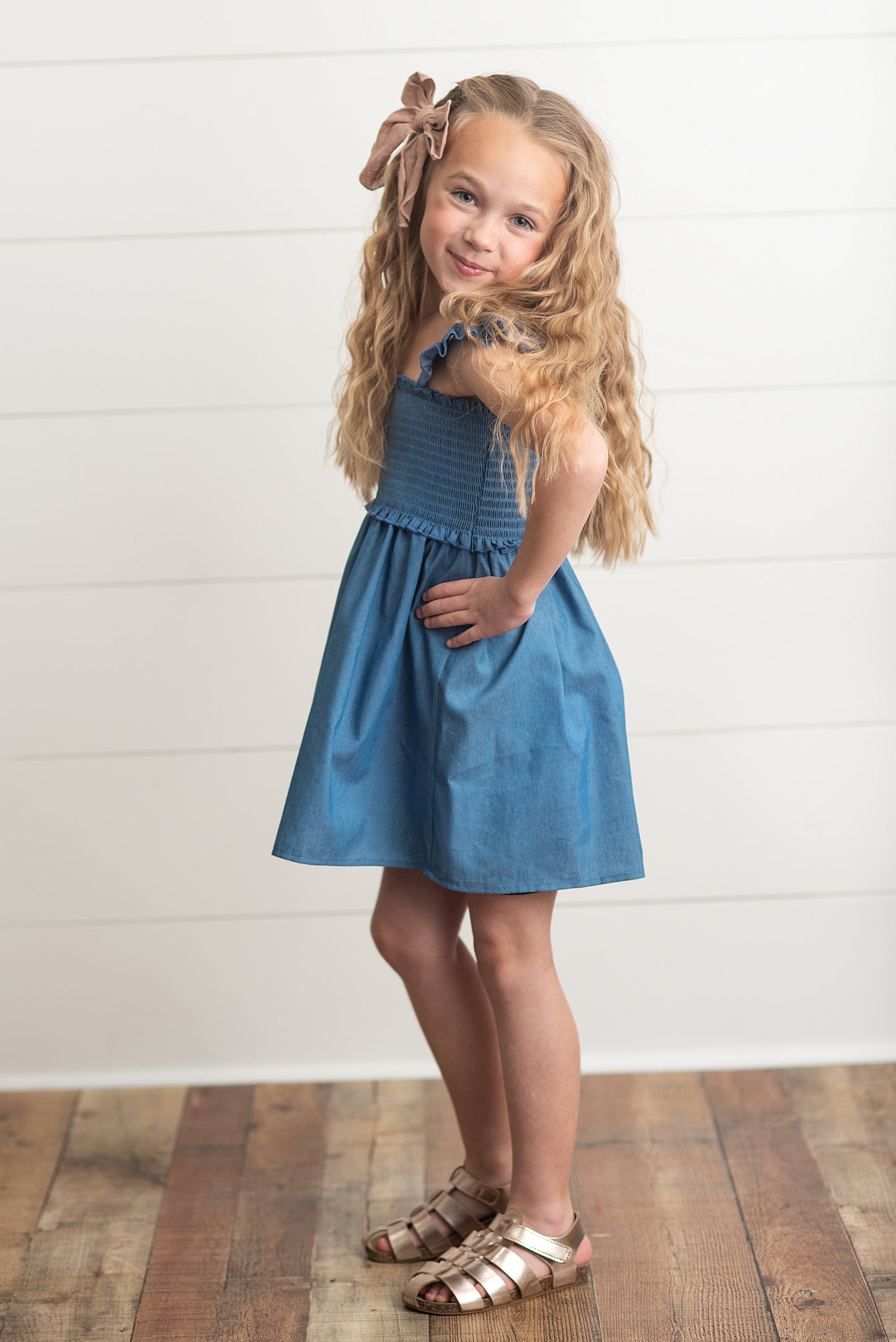 denim shirred dress Mid-Wash Denim Shirred Faith Midi Dress