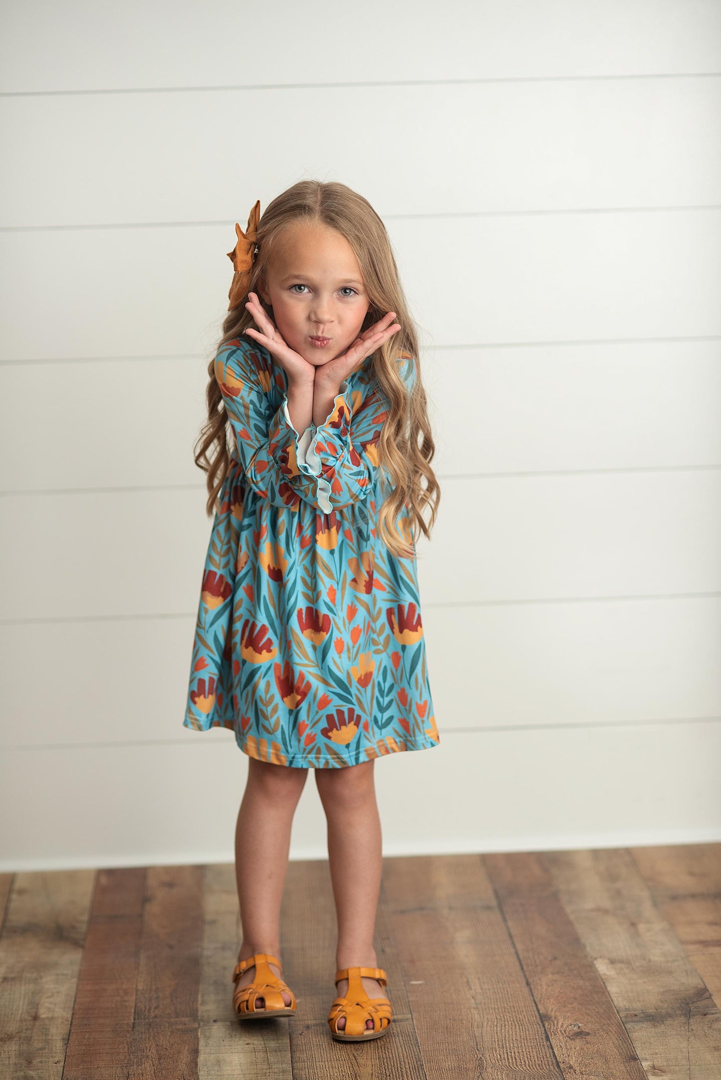 Claire Mustard Teal Floral Dress