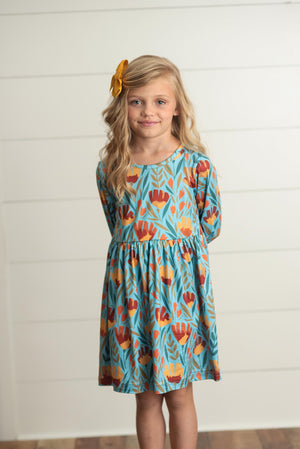 Claire Mustard Teal Floral Dress