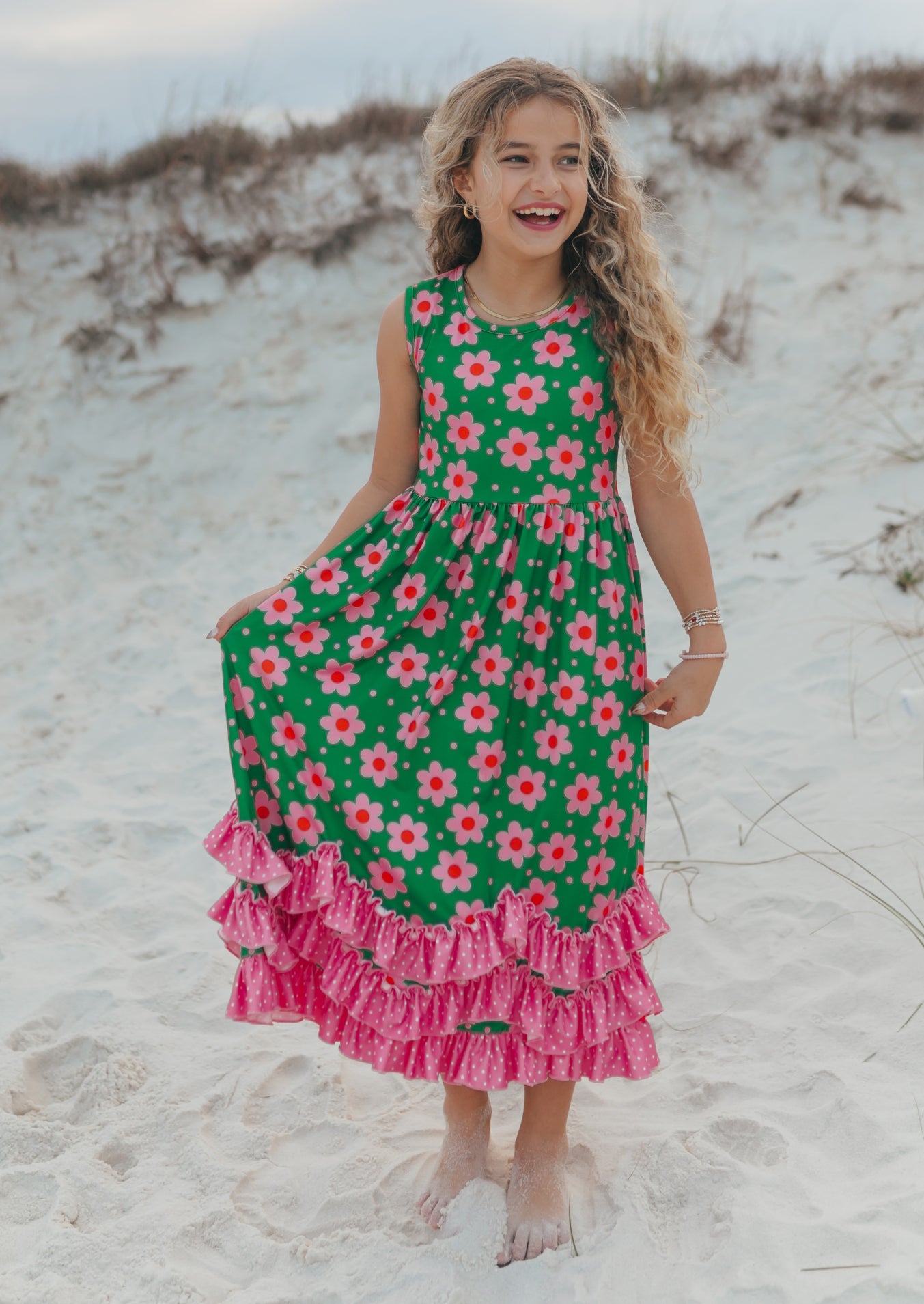 Olivia 3 Ruffle Green Floral Dress