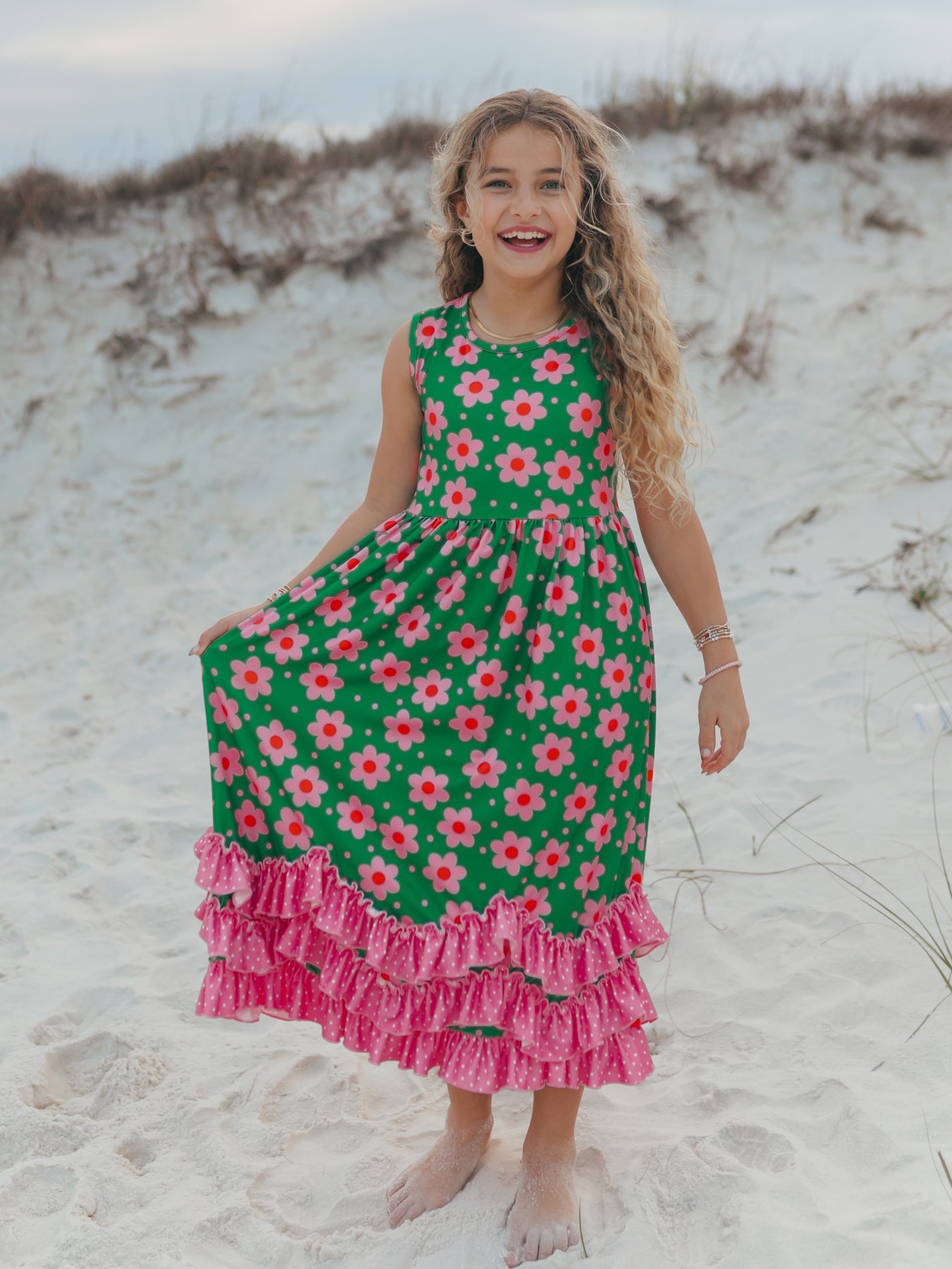 Olivia 3 Ruffle Green Floral Dress