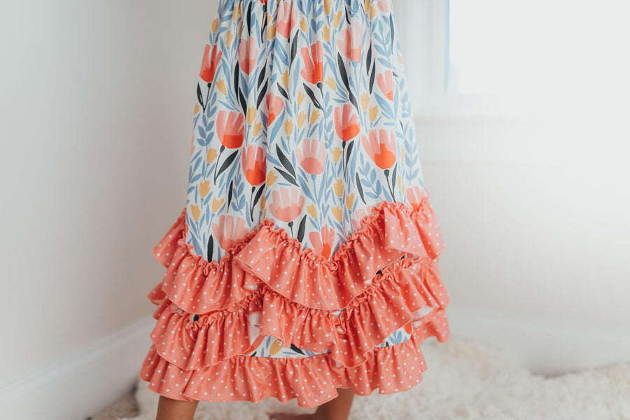 Peach Dot 3 Ruffle Dress