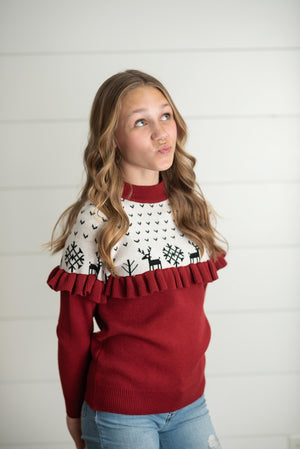 Dark Red Ruffle Sweater