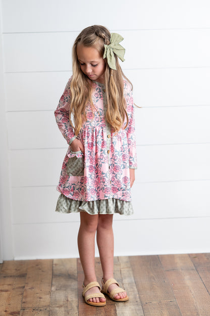 Rose Sage Check Pocket Tie Dress