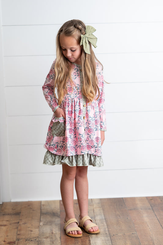 Rose Sage Check Pocket Tie Dress