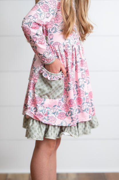 Rose Sage Check Pocket Tie Dress