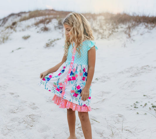 Sky Blue Floral Pocket Dress