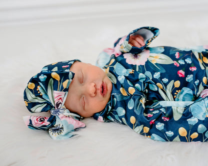 Navy Floral Baby Gown and Bow Headband