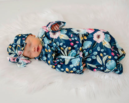 Navy Floral Baby Gown and Bow Headband