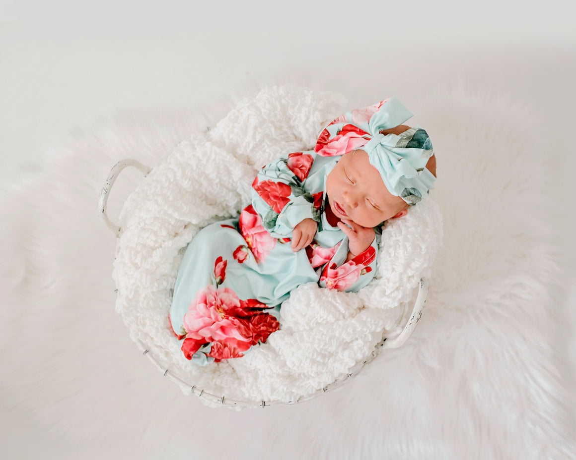 Teal Rose Baby Gown and Bow Headband